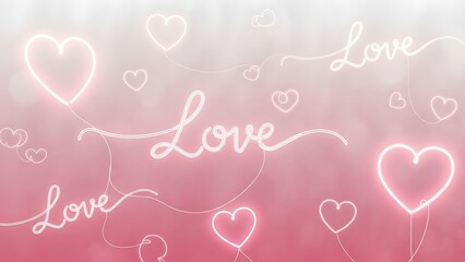 Glowing neon hearts and love words on pink background for valentine's day