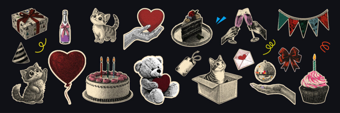 birthday celebration elements halftone set of champagne,  teddy bear, cup cake, party hats, gift box, red heart, gift tag, disco light, cats.