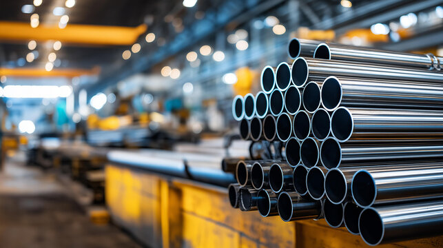 Industrial pipes manufacturing, steel tubes in factory, production line, metallic fabrication, heavy industry, tube rolling mill, manufacturing process, with copy space