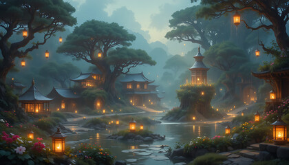 Warm Fantasy World with Glowing Lights