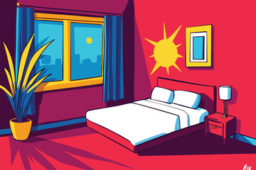 Vibrant pop art illustration of a bedroom interior bathed in sunlight, featuring a bed, window with a city view, a potted plant, and decorative wall art, creating a cheerful atmosphere.