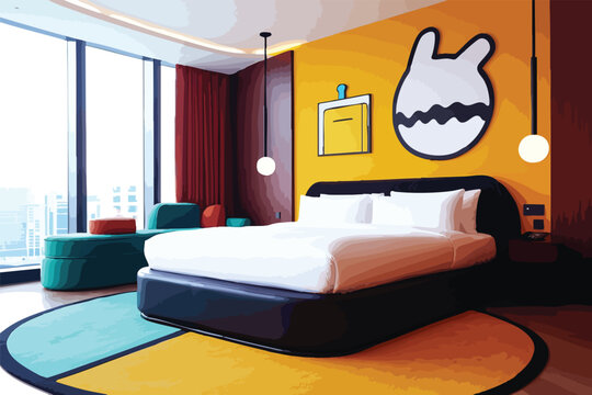 A vibrant and modern hotel room interior showcases a colorful cartoon-style design with a large bed, creative wall art, and panoramic city views through expansive windows.