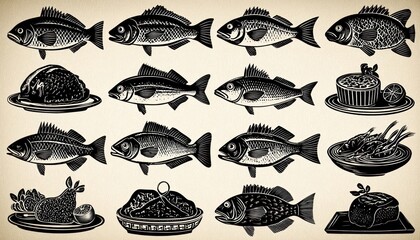 Collection of various fish, meat, and meal icons in solid silhouette style