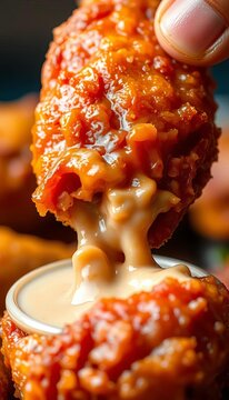 Close up of succulent crispy chicken wing being devoured Juicy, savory delight ,  eating,  savory