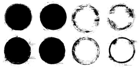 Round Black Grunge Shapes. Frames for Design, Brush Stroke Elements. Vector Isolated on White Background