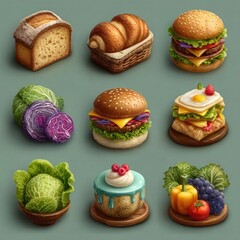 Colorful cartoon food icons (bakery, fast food, produce)