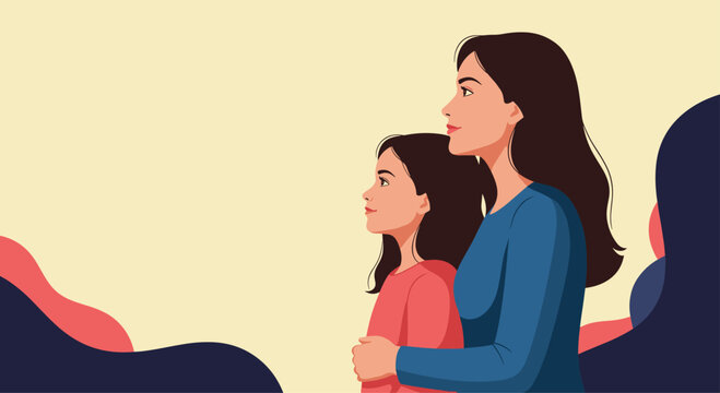 Mother and daughter standing side by side looking ahead, symbolizing family bond, future, and aspirations.