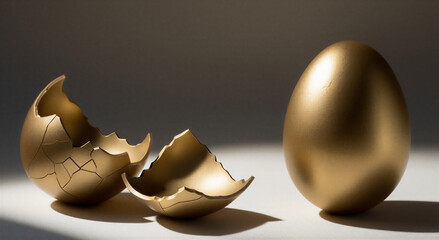 Golden eggs with broken shell on white surface