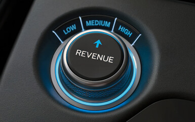 Modern control knob on dark panel showing Revenue with an upward arrow Bright blue light highlights Low Medium and High settings symbolizing strategic business growth financial optimization and profit