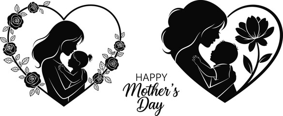 Happy Mother&rsquo;s Day Heart and Flower Silhouette Vector