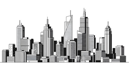 Black and white city skyline with tall skyscrapers and varied architectural styles
