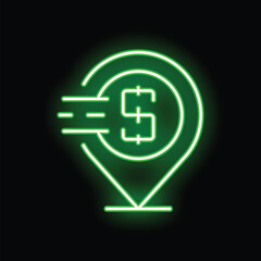 Obraz premium Glowing neon green icon of a dollar sign inside a location pin with speed lines