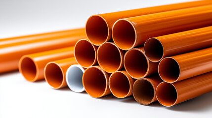 Pattern of orange pipe tubes on white background, colorful plumbing materials, construction supplies, industrial components, geometric arrangement, with copy space