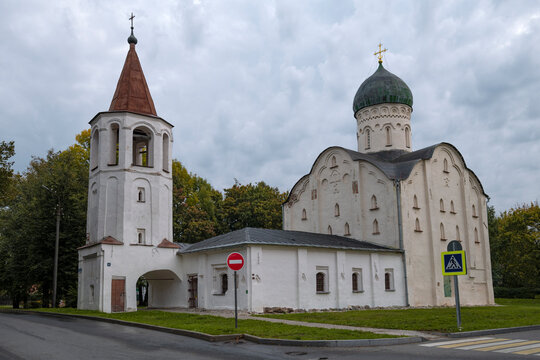 View of the medieval Church of Fyodor Stratilates on the Stream on a cloudy September morning. Veliky Novgorod, Russia