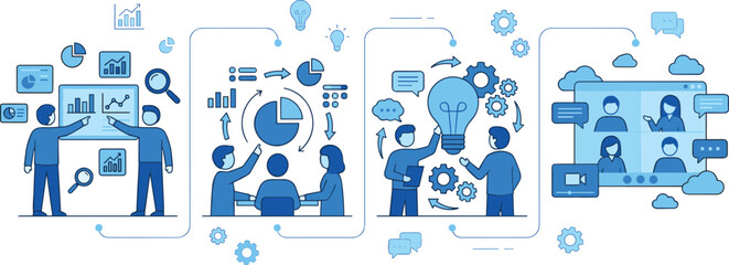Business workflow illustration, data analysis, strategy meeting, brainstorming, remote collaboration, flat design, vector illustration, teamwork, innovation, communication tools