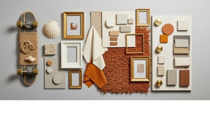 A curated display of natural textures, warm tones, and decorative elements for interior design inspiration
