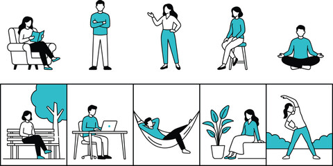 Lifestyle activities, indoor and outdoor people, reading, working, relaxing, stretching, meditation, flat design, vector illustration, wellness, everyday moments