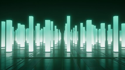 Glowing columns on grid floor in dark environment
