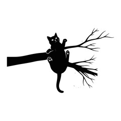 Black Cat Silhouette Climbing Tree Branch, Silhouette Illustration Vector