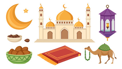 Vibrant Islamic Ramadan decorations with mosque and traditional symbols © VectorAura