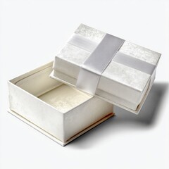 Open white gift box with silver ribbon, interior cream-colored