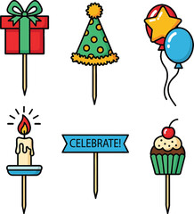 Colorful Party Celebration Icons Birthday Cupcake, Candle, Hat, Balloons, Gift Vector Set