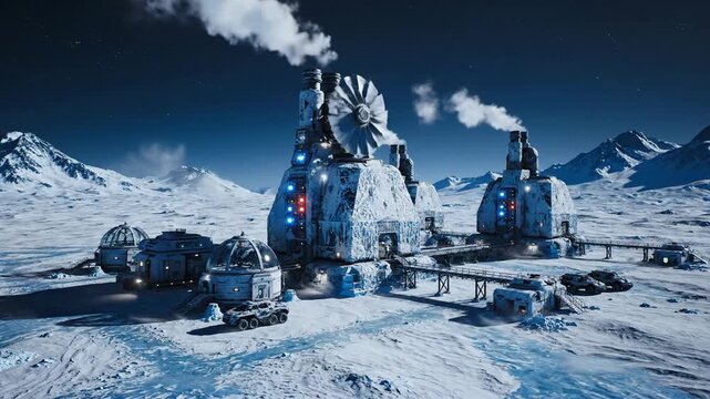 Futuristic Arctic Research Station in a Snowy, Frozen Mountain Landscape