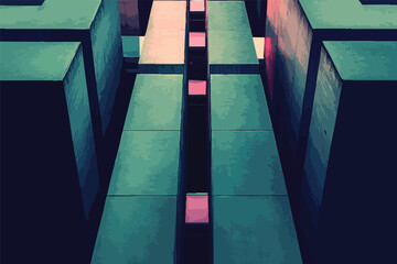 An abstract architectural perspective showcases geometric forms and repeating patterns with a modern, artistic aesthetic, featuring a play of light and shadow, creating a captivating visual