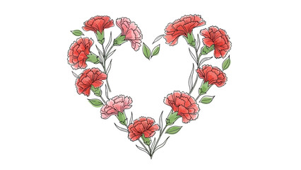 Elegant heart-shaped floral frame with watercolor carnations for romantic designs