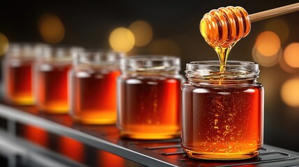 Drizzling honey into jars on a line