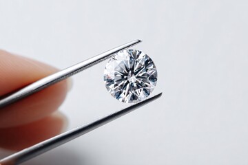 Close-up of a hand using tweezers to hold a sparkling lab-grown diamond, showcasing its brilliance
