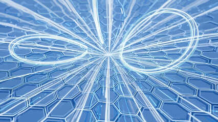 Futuristic technology background with glowing hexagonal pattern and energy lines