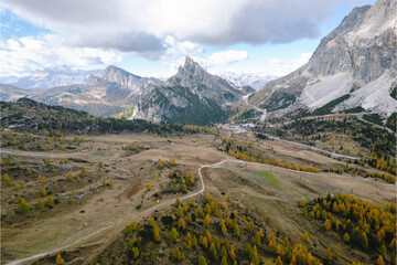defaultMountain Lake - Lago di Limides Dolomites National Park Italy - Alpine landscape with mountains and lakes in autumn fall summer - panoramic aerial view