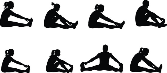 Obraz premium Seated stretching, fitness silhouette, hamstring exercise, inner thigh stretch, flexibility pose, warm-up routine, black figure, yoga, health, workout
