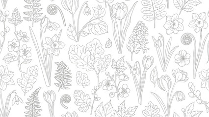 Monochrome botanical illustration seamless pattern featuring delicate spring flowers