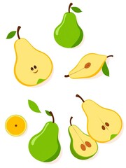 Flat cartoon pear icons, whole and sliced, in vibrant green and yellow, on a white backdrop Perfect for playful designs,  colorful,  textile