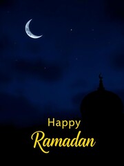 Dark night blue sky, crescent moon, stars, Ramadan, Islamic holiday, spiritual greeting,  greeting,  holiday
