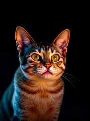 Curious cat outline with pointed ears, observing the night,  dark, cat