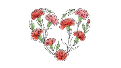 Watercolor carnation flowers arranged in a heart shape, perfect for valentine's day