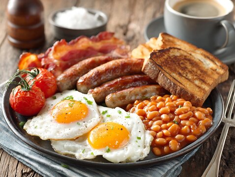 Delicious full english breakfast with eggs sausages bacon and beans high resolution image.