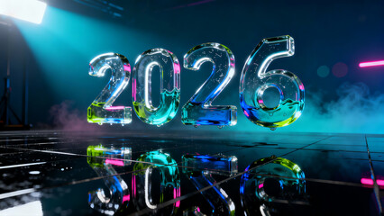 3d text effect Vibrant 2026 text with neon lights and reflective surface, representing future, celebration, and technology.