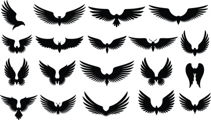 Set of black bird and angel wing silhouettes featuring various feather spread designs for heraldry tattoos logos mascots and decorative graphic design elements