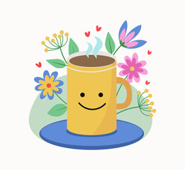 A mug with a drink. Tea, coffee, or cocoa in a cup and saucer. Flowers, plants, and leaves. A funny mug with eyes and a smile. Heart shape. Vector illustration, isolated background.