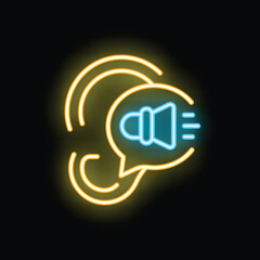 Neon speech bubble with sound wave icon glowing on black background