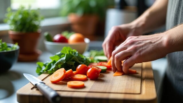 Close-up of hands slicing fresh vegetables on a wooden cutting board in a
