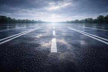 Empty Parking Lot After Rain With Wet Asphalt And Copy Space