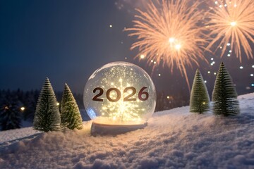 A glowing snow globe displaying 2026 rests in fresh snow surrounded by miniature evergreen trees, as bright fireworks explode in the dark winter sky.