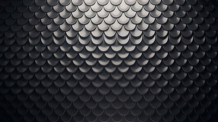Dark metallic fish scale pattern background with dramatic lighting creating a textured and mysterious architectural surface