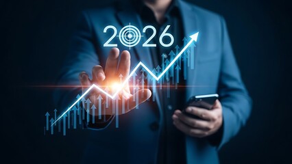 Businessman analyzing upward trend graph with futuristic digital overlay on dark background, 2026 target year, growth strategy concept