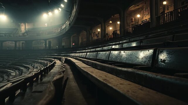 Ultra HD Atmospheric view of empty, dark, vintage theater or auditorium seating rows with dramatic stage lighting illuminating the foreground wooden bench video